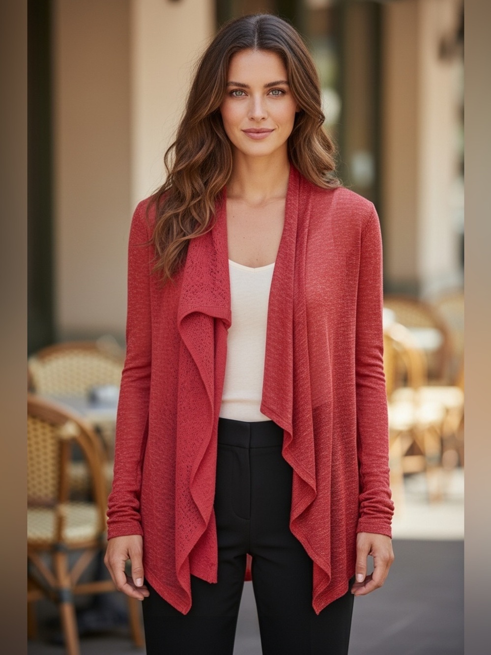 Lauren Ralph Lauren Womens Med Red 100% Linen Open Front Cardigan Draped Sheer